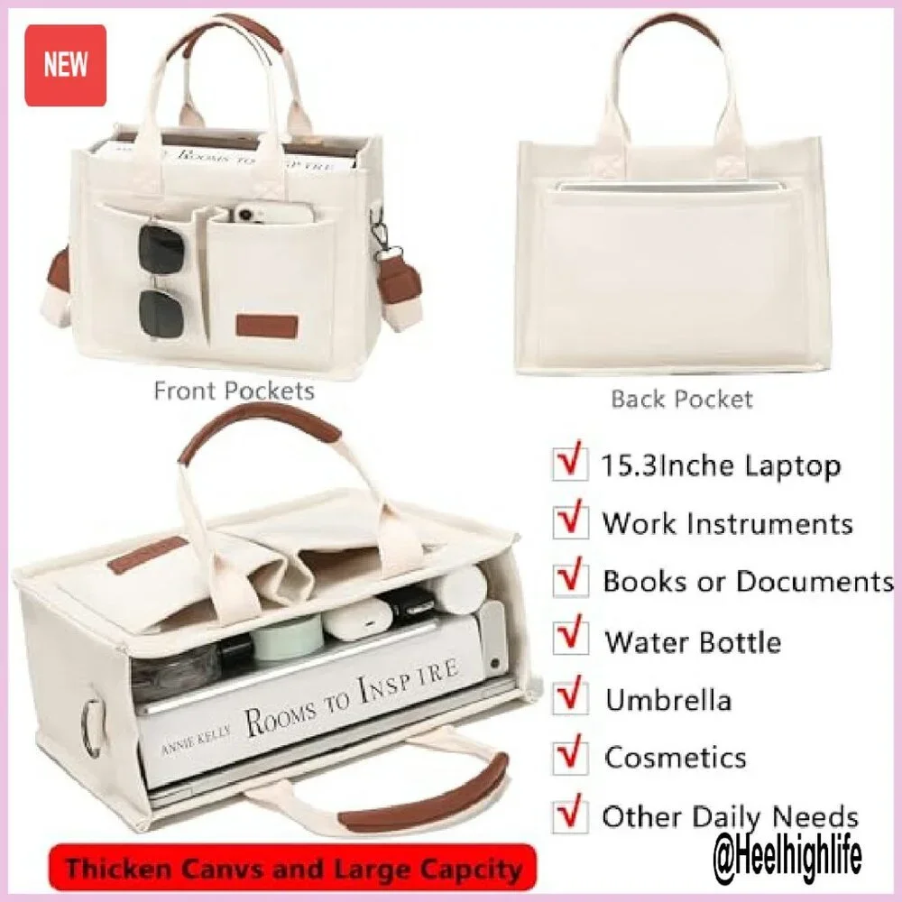 Large Canvas Tote Bag with Laptop Compartment for Work Travel